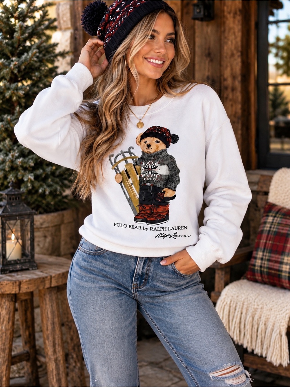 Vintage Ralph Lauren Polo Bear Sled Winter White Sweatshirt XS